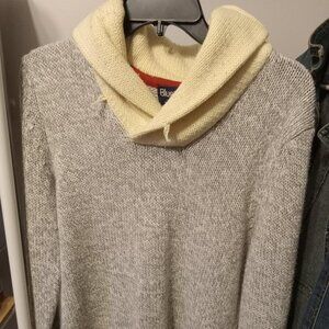 Ladies gently used Bluenotes grey/white/red cowl neck sweater missing button